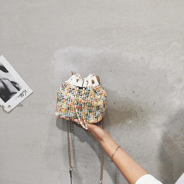 

plaid drawstring bucket bag women's bag chain bucket small shoulder color stitching pu leather luxury cross body #15