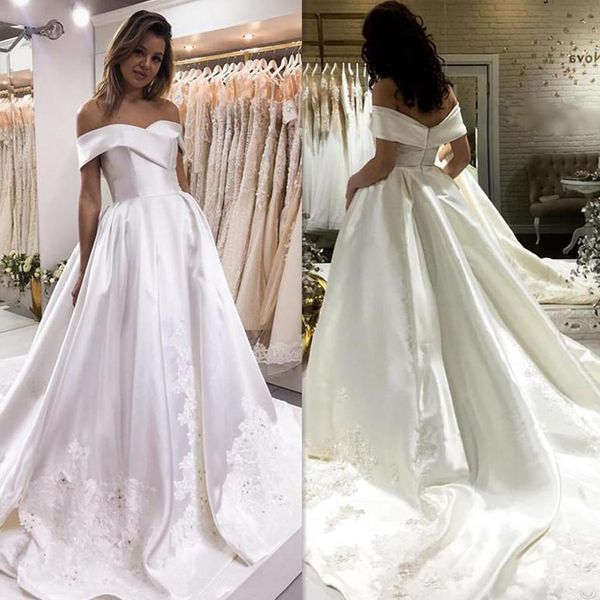 

elegant off the shoulder wedding dresses satin sweep train lace applique ruched pleats custom made garden wedding gown vestido de novia, White