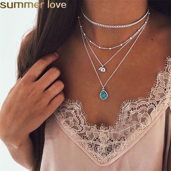 

bohemian elephant multi-layer necklace 2019 retro multi handmade ladies turquoise pendant necklace birthday gifts, Silver