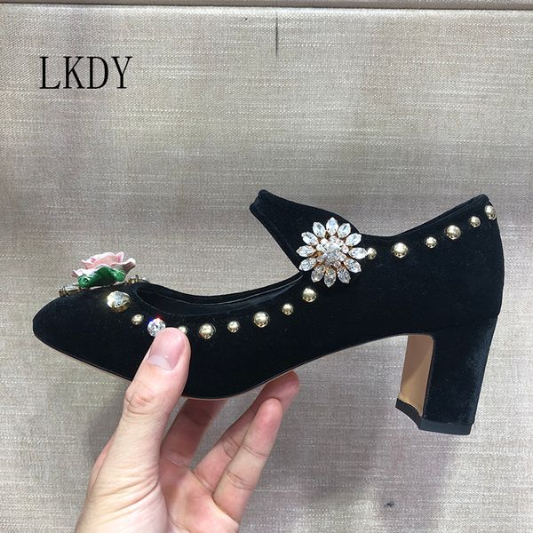 

2019 lkdy women velvet stitching leather embroidered rhinestone rivet high heel sandals rose crystal shoes women 6.0cm, Black