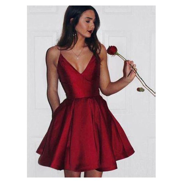 

simple burgundy homecoming dress 2019 a line v neck satin spaghetti straps short dance dresses sweet 16 dress, White;black