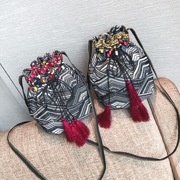 

vintage hippy hippie bohemian bag bags women shoulder crossbody bags fringe tassel women's handbags small bucket bag gift