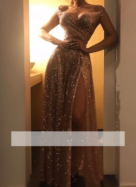 

2019 сексуальные блестящие платья для выпускного вечера блестки со складками на плечах высокие вечерние платья с разрезом и разрезом вечерни, Black