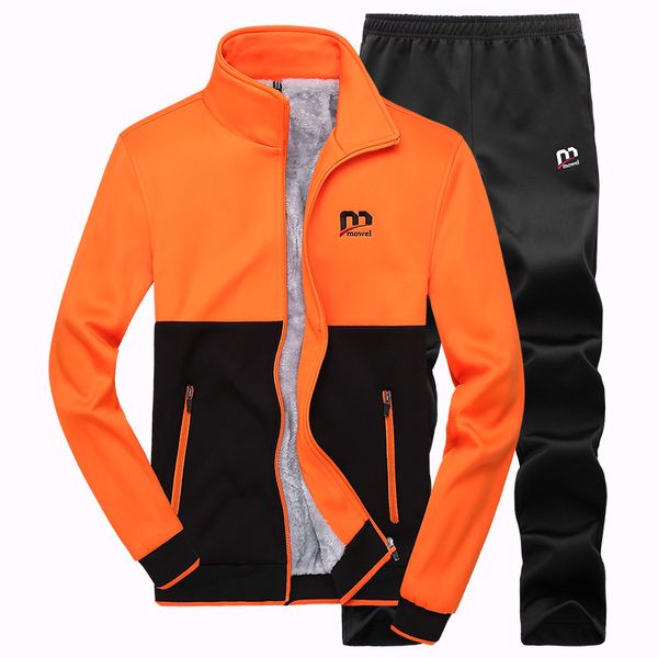 

men fashion two pieces sets casual tracksuit male new autumn winter plus velvet jacket+pants suits male sportswear suit, Gray