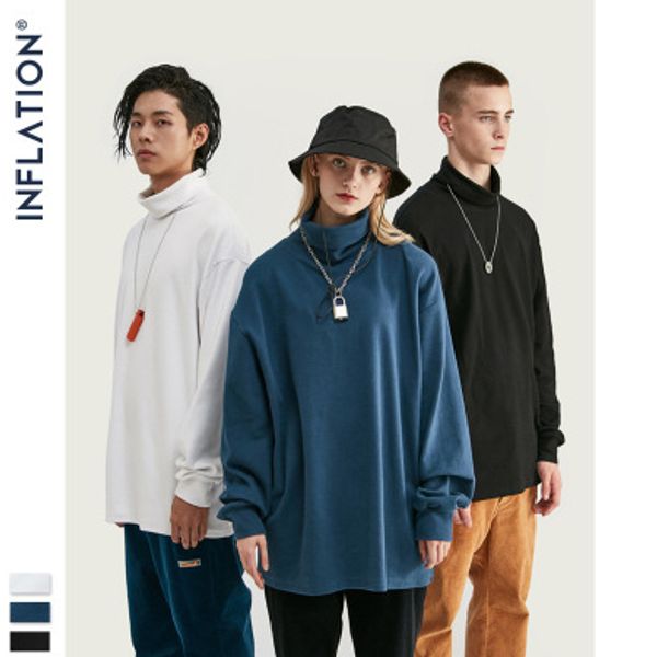 

mens designer clothing new street fashion solid color simple fashion loose high collar long-sleeved t-shirt hiphop brand clothes, White;black