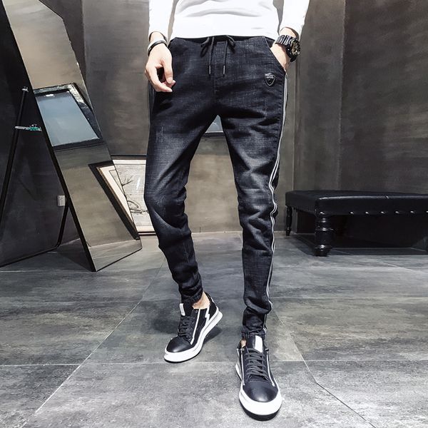 

black slim fit jeans men washed side striped drawstring casual denim pants 2019 autumn winter trousers pants, Blue