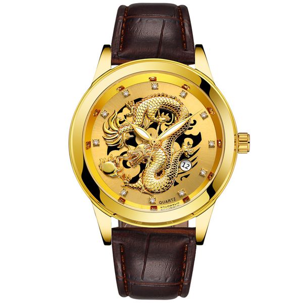 

erkek kol saati mens watches gold dragon sculpture quartz wrist watch men leather band wristwatch buckle relogio, Slivery;brown