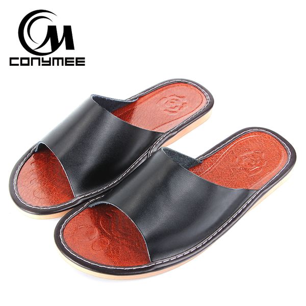 

conymee 2018 summer genuine leather sandals flip flops casual men shoes sneakers for home indoor slippers beach zapatos hombre, Black