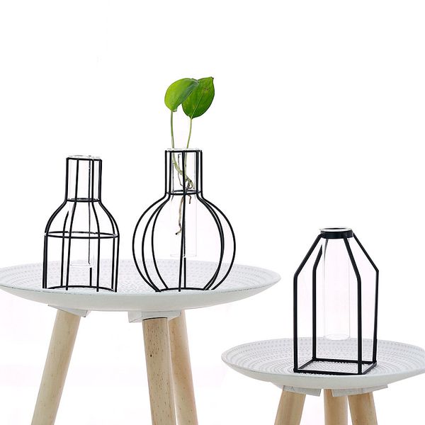 

european simple geometric glass hydroponic iron vase living room table bar decorations pastoral craft figurines wedding gifts