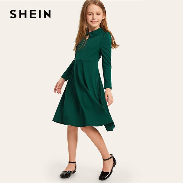 

shein kiddie solid button keyhole front casual girls dress 2019 spring puff sleeve high waist a line kids party dresses, Red;yellow