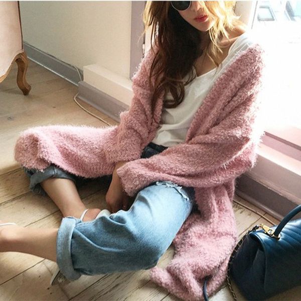 

женщины длинные вязаные кардиганы casual solid карман с длинным рукавом сыпучие свитера мода женский кардиган перемычка зимние теплые пиджак, White