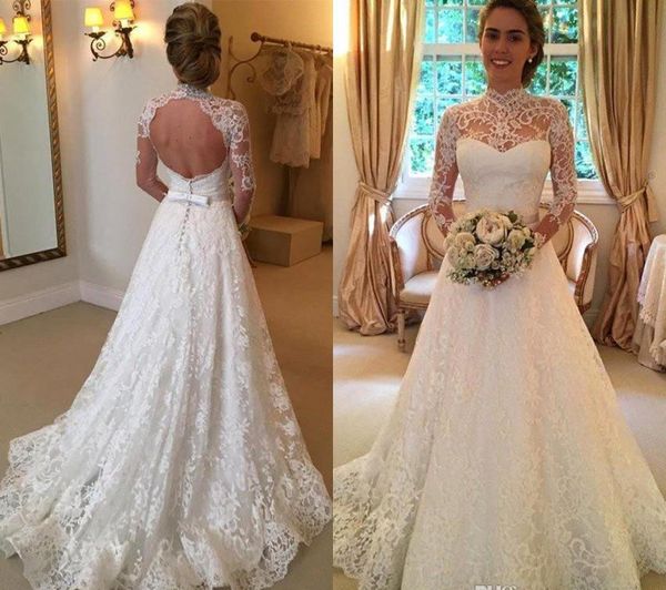 Abito da sposa senza schienale a maniche lunghe a buon mercato Una linea Collo alto Appliques in pizzo Country Garden Church Abito da sposa formale Custom Made Plus Size