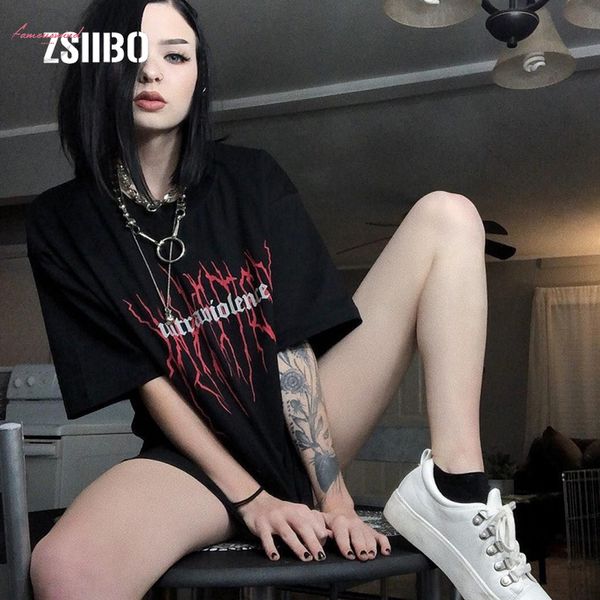 

streetwear punk gothic t shirts loose harajuku letter print summer fashion black short sleeve casual vintage women black tees, White