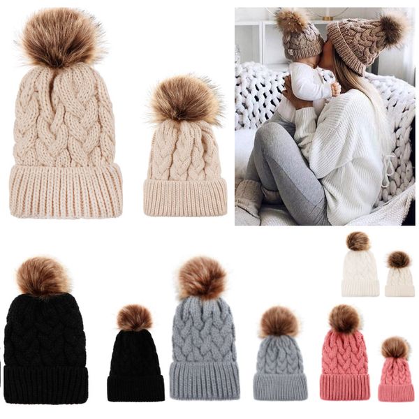 

5 styles warm winter parent-child knit hat fur pom beanie ski cap for baby mom with fur ball hoodied knitted cap xmas party hats jj19902, Blue;gray