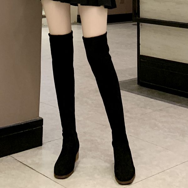 

rimocy faux suede over the knee boots women fashion square toe chunky heels long boots woman autumn winter lace up shoes mujer, Black