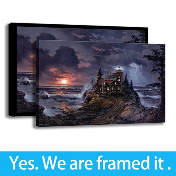 

hd print picture home decor jesse barnes lighthouse cove canvas art painting framed art - ready to hang - framed