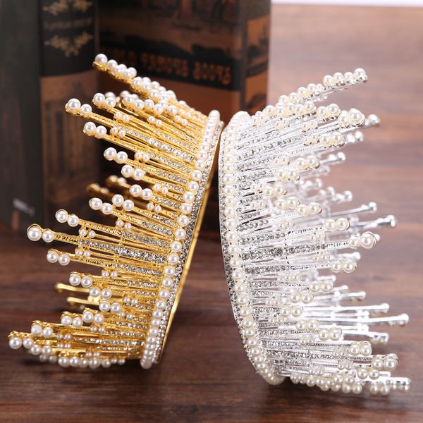 

pearl round wedding tiara bride hair ornaments luxurious rhinestone large bridal tiara crown wedding hair jewelry accessories, Golden;white