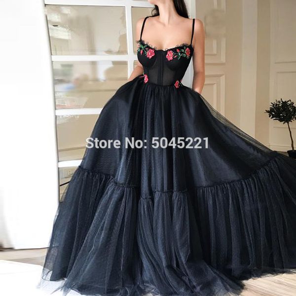 

black exquisite sweetheart straps applique flower a line tulle evening dress pleat prom vestidos de fiesta formal party dress, White;black