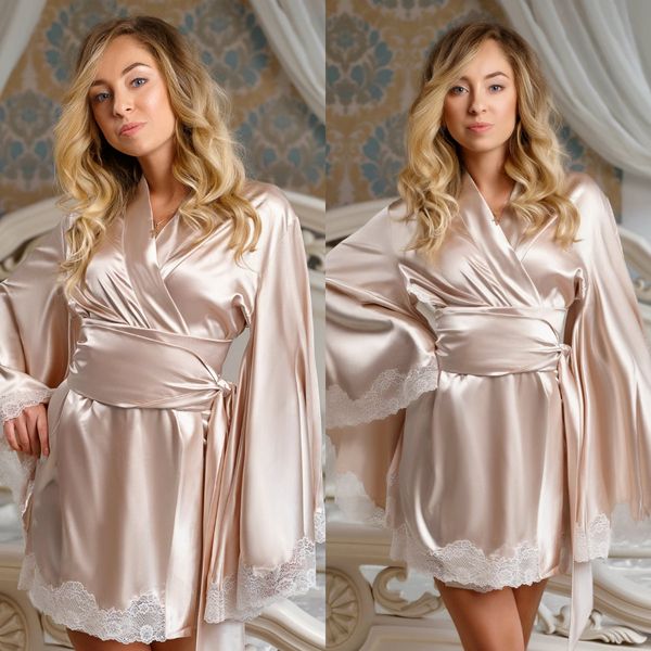 Breve Donne Donne Accappatoi a maniche lunghe Satin Silk Lace Silk Robe Bridal Ginocchio Donne Lingerie Lingerie Nightgown Pigiama Sleepwear Abbigliamento da notte Housewear