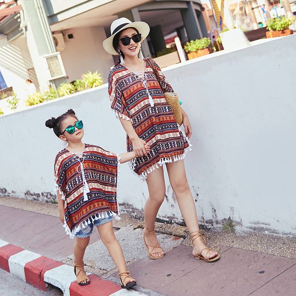 

2019 summer mother and daughter ethnic style loose seaside casual vacation parents and children's clothes, Blue