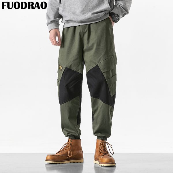 

fuodrao pockets cargo pants men harajuku color patchwork casual pants hip hop loose jogger streetwear harem bottoms k174, Black