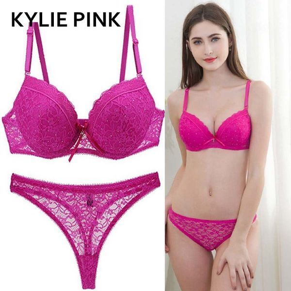 

kylie pink женщины девушки бюстгальтеры трусики комплекты нижнего белья шнурка push up bras thong set lingerie brallete плюс размер конфеты, Red;black