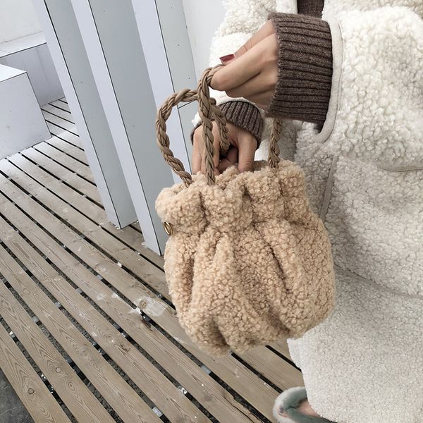 

women's bag 2020 spring new korean style lamb plush bucket bag cute small portable women's furry fluffy