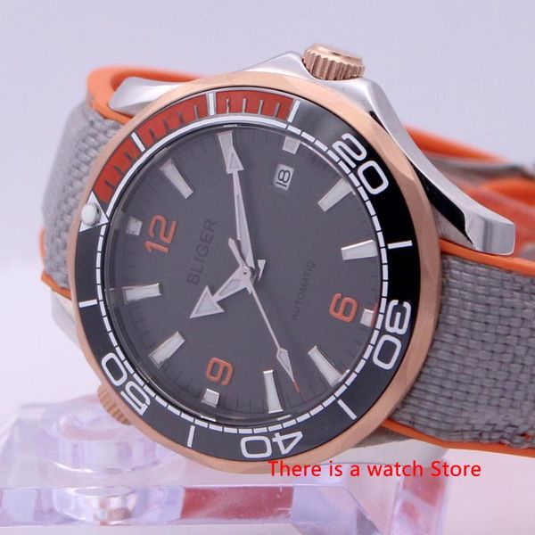 

bliger 40mm automatic mechanical watch men sapphire luminous waterproof rubber strap calendar wristwatch men, Slivery;brown