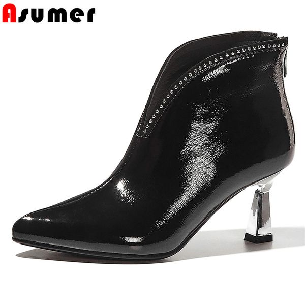 

asumer 2020 patent leather ankle boots women pointed toe thin high heel dress party shoes fashion short boots woman, Black