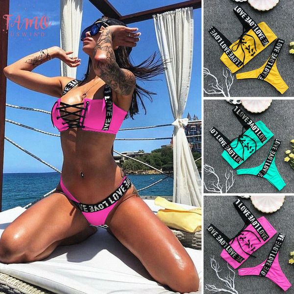 

women summer swimwear bikini set push up padded bra bathing suit ladies bandage lace up letter print swimsuit, White;black