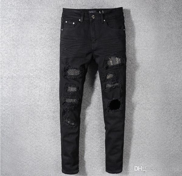 

mens rhinestone panelled black skinny jeans fashion designer distressed slim fit motorcycle biker hole beggar hip hop denim pants 565, Blue