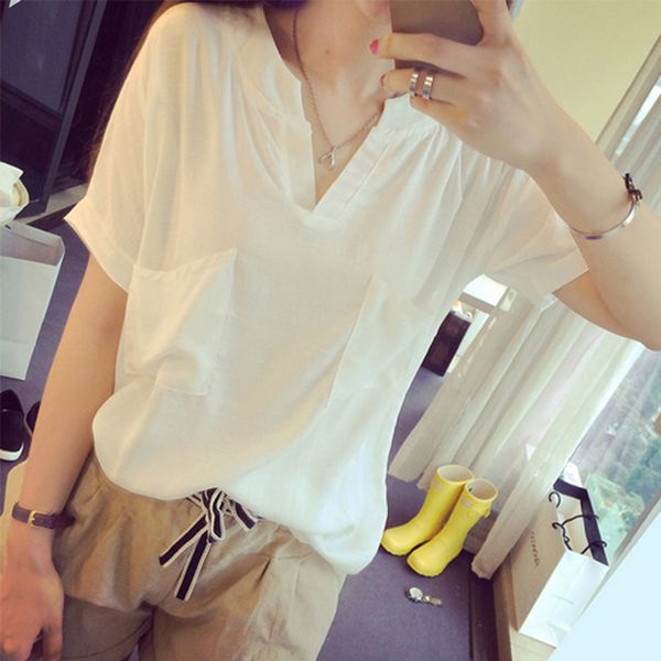 

women's t-shirt loose v-neck tees slim women summer casual short sleeve solid, White