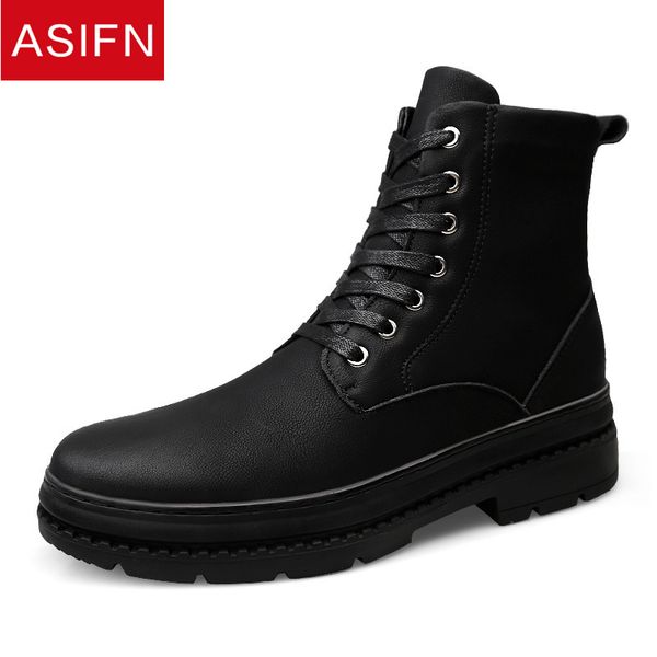 

asifn men genuine leather boots winter warm fur man shoes waterproof outdoor snow plush platform shoes male two style, Black