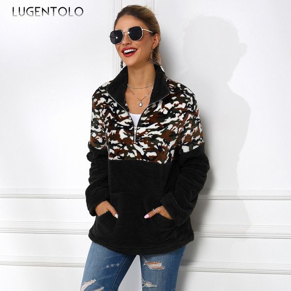 

lugentolo women's hoodie fashion autumn and winter fleece camouflage stitching long-sleeved plush casual turtleneck top, Black
