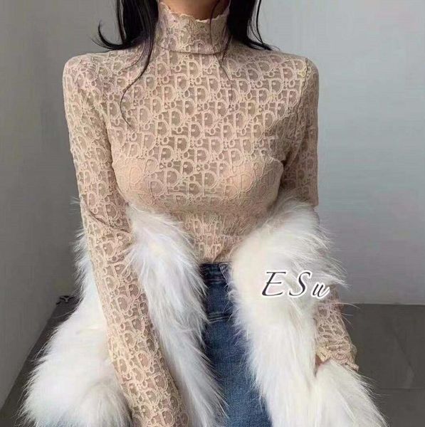 

design style women's autumn winter undershirt web celebrity same style high collar temperament lace micro through long sleeve 4 color, White