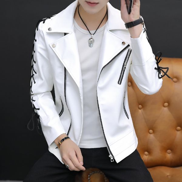 

hoho 2020 men cultivating the trend of personalized leather jacket young handsome lapel oblique zipper pu leather, Black