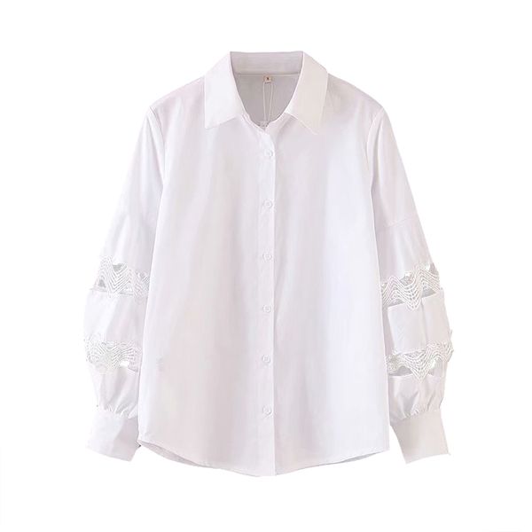 

women fashion white shirt puff long sleeve chic blouse with lace turn down collar loose ladies hollow out blusa feminina
