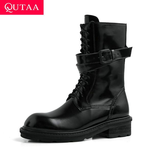 

qutaa 2020 cow leather patent leather buckle antiskid mid calf boots square heel round toe lace up zipper women shoes size 34-39, Black