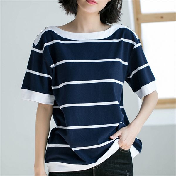 

2020 large size fat mm cotton loose one-line collar striped middle-aged mother short-sleeved t-shirt female, White