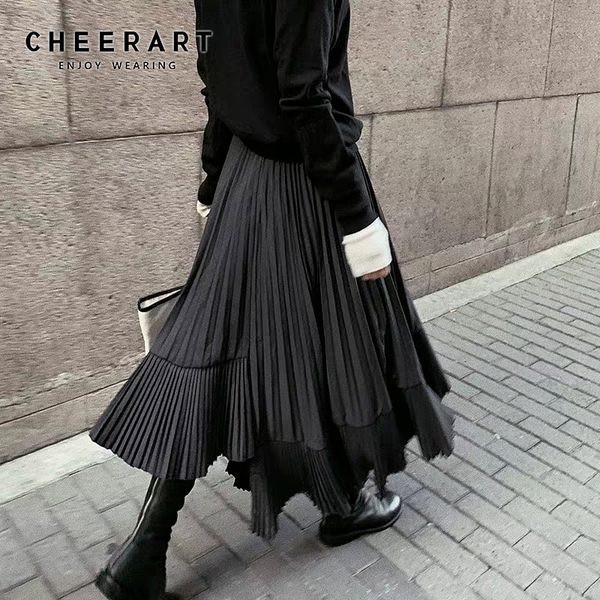 

cheerart grey black long pleated skirt women high waist irregular skirt swing frill autumn midi skirt gothic 2019, Black;gray