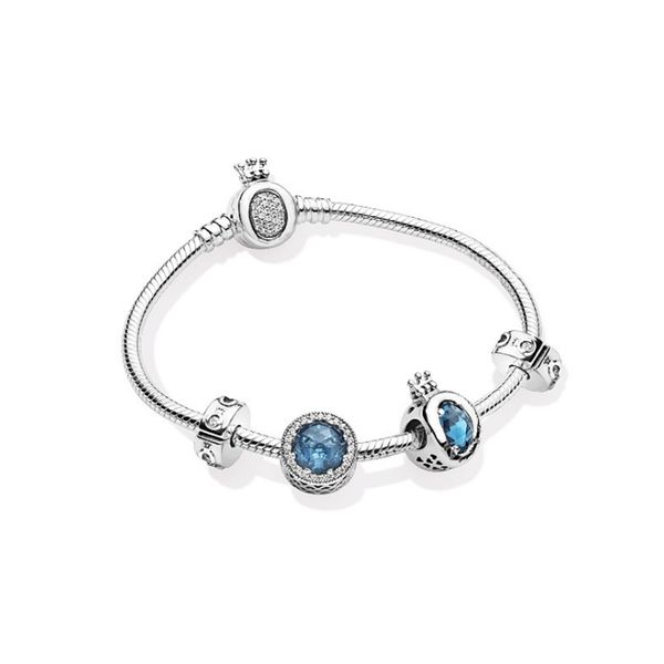 

bbee 925 sterling silver 2020 blue moonlight bracelet set o-shape crown blue charms diy fit original pandora bracelets jewelry, Golden;silver