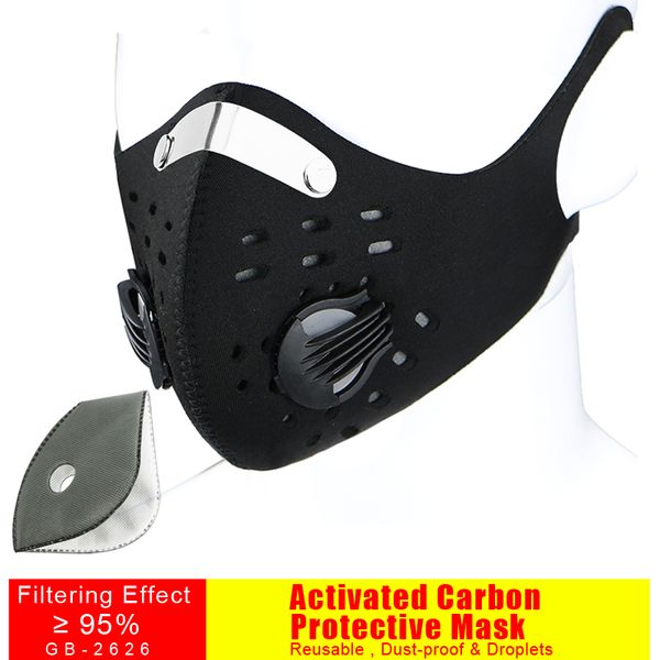 

sports cycling face mask with 2 filter anti-pollution filter pm 2.5 activated carbon breathing valve running masks, Black