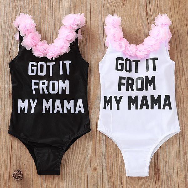 

baby girl one-piece swimwear kids girl got it from my mama printed swimwear flower backless swimming clothes, Black