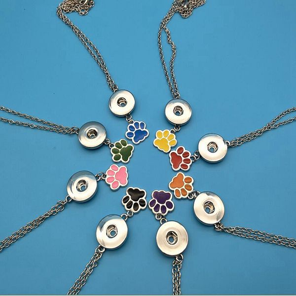 

drop glaze dog paw print bear handprint dark buckle charm round button necklace 18mm snap button designer necklace jewlery holiday gift, Silver