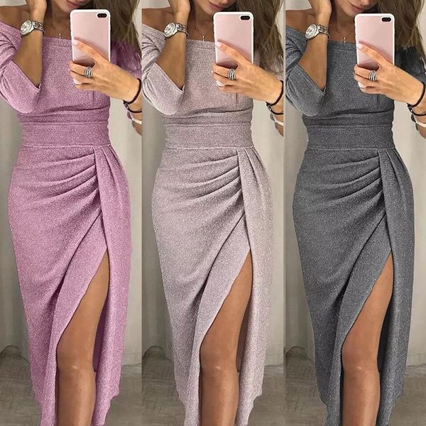 

autumn women off shoulder bodycon dress long sleeve shiny ruched thigh slit long dress elegant party dresses, Black;gray