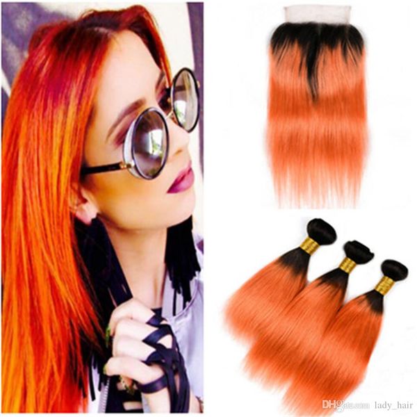 1b Orange Ombre Virgin Brazilian Hair Bundle Deals With Closure