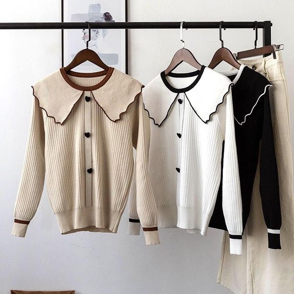 

women peter pan knitted sweater loose-fit single breasted sweater, White;black