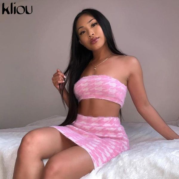 

kliou pink 2 piece set women skinny club outfits 2020 summer strapless crop sleeveless fashion female elastic streetwear, White