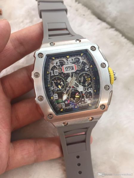 

new mens watch mechanical automatic timing watch rm 11-03 rubber strap original buckle stainless steel mens sports wrist watch, Slivery;brown