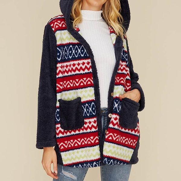

zanzea women christmas printed coats winter hoodies long sleeve plush fluffy warm jackets casual buttons down fleece outwear 5xl, Black;brown